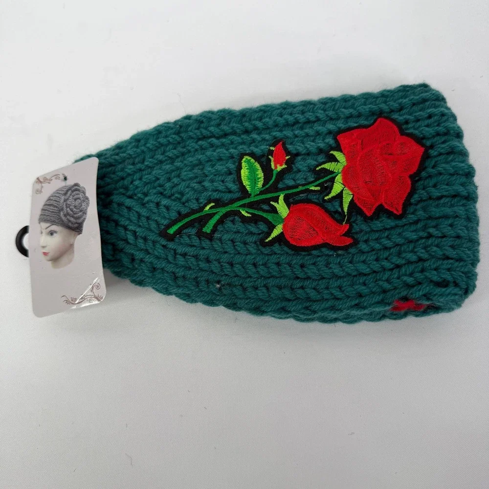 Floral Rose Embroidered Knit Ear Warmer Headband Teal Green Winter Headwrap NEW